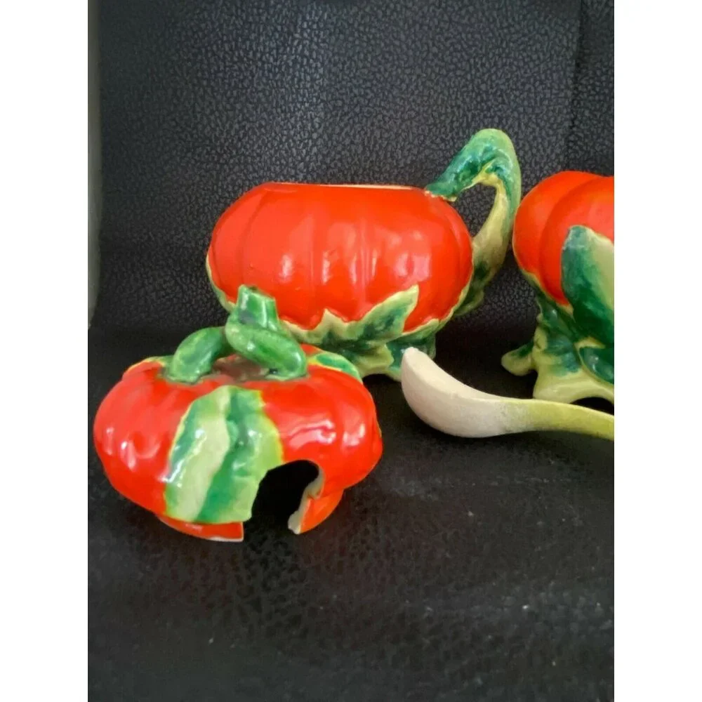 Vintage Pumpkin Tomato Salt Pepper Cream & Sugar 5‎ Pc Set - Made In Japan